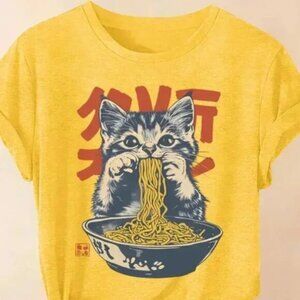 Kitten Eating Ramen Japanese Text Yellow Tee